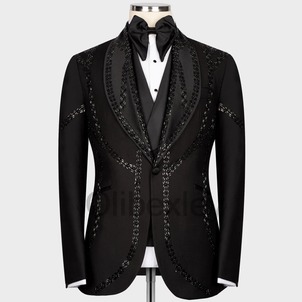 Olibexley Sparkly Black Men Suits 3 Piece Sets Male Prom Blazers Groom Wedding Tuxedos Slim Fit Costume Homme Customized S171