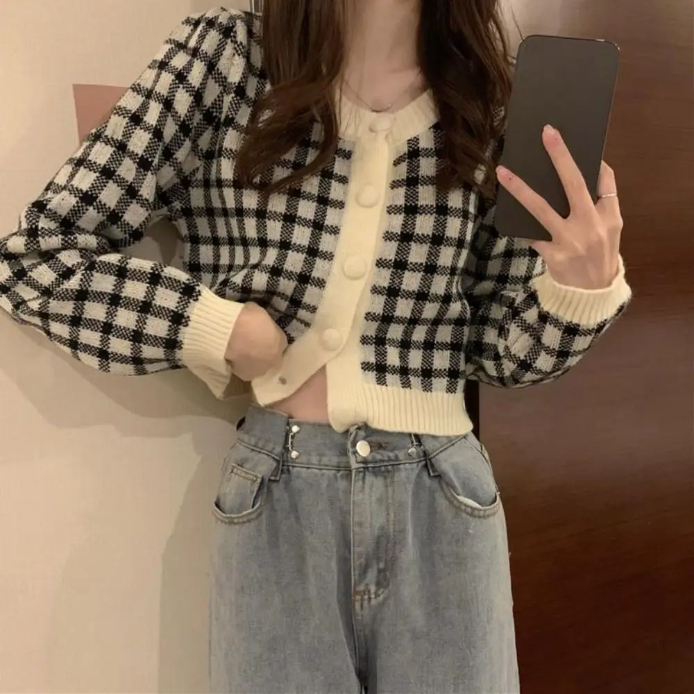 

Elegant Long Sleeve Grid Crochet Sweaters Autumn Spring Preppy Style Sweet Knitwear Ladies Tops Loose Cardigans Women Y2K Female