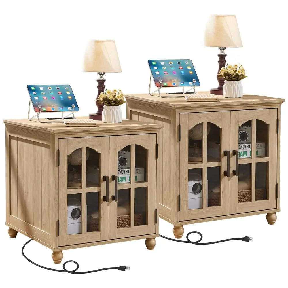 

Farmhouse 24 End Table Set of 2 with Charging Station, Large Sofa Side Table with Glass Barn Door,Wood Night Stand with Adjusta