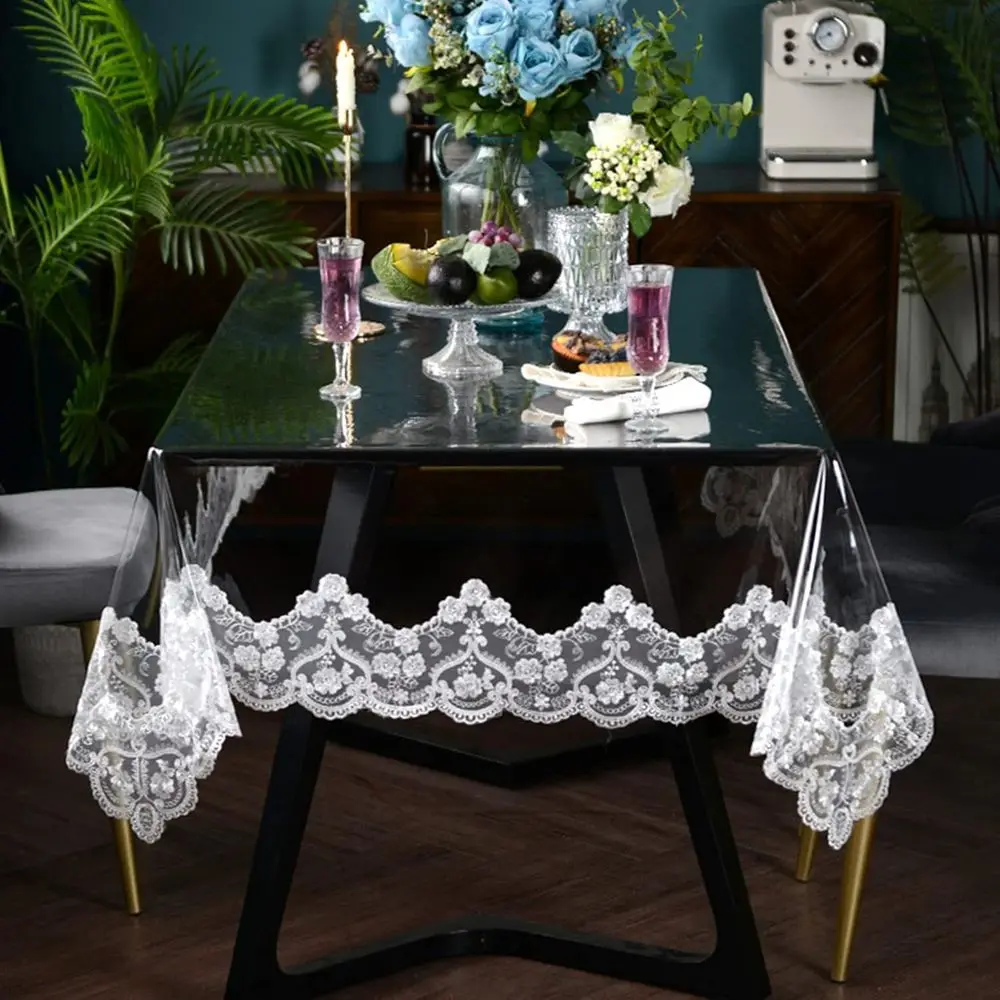 White Rectangle Waterproof PVC Tablecloth with Lace Macrame, 60x106, Oil Resistant, Ideal for Dining and Celebrations