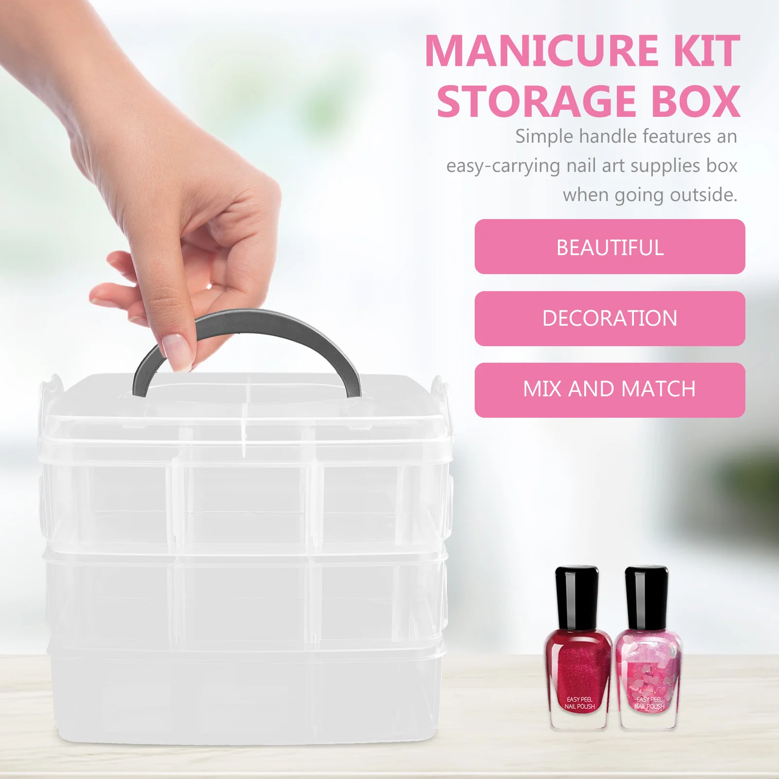 Caja de almacenamiento portátil para decoración de uñas, estuche de herramientas de manicura con asa, organizador de suministros de salón, Kit de manicura de gran capacidad, 2 uds.