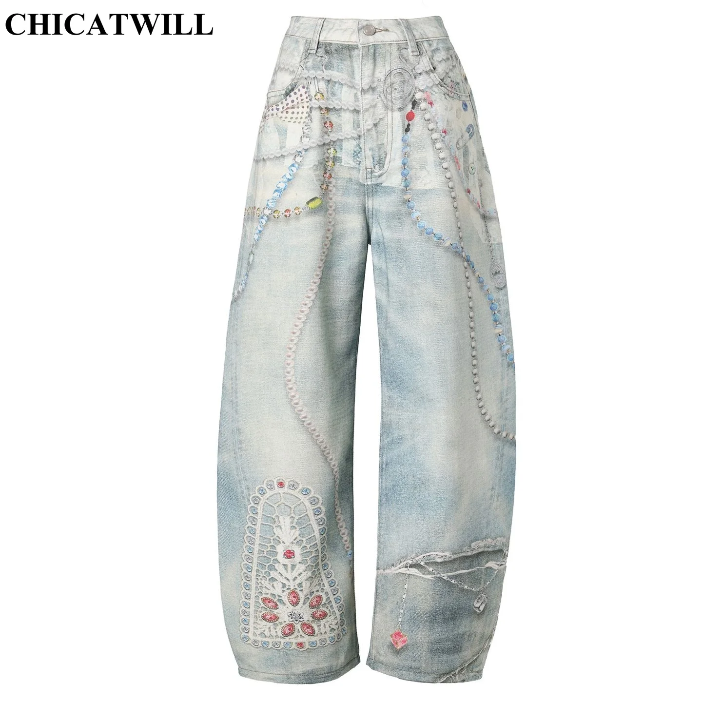 CHICATWILL Trendy Casual Baggy Denim Jeans 3D Printed Chains Pattern Wide Leg Pants Girls Fashion Loose Long Trousers Streetwear