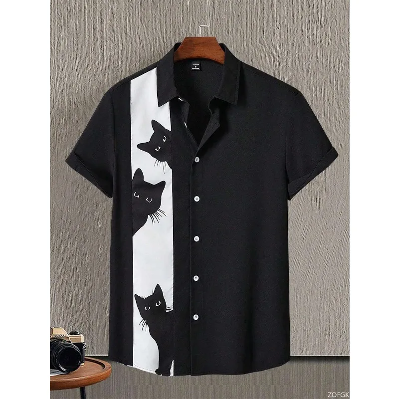 

2026 Summer New Men's Shirt Short Sleeved Cat Pattern Print Suitable for Outdoor Wear, Casual and Fashionable