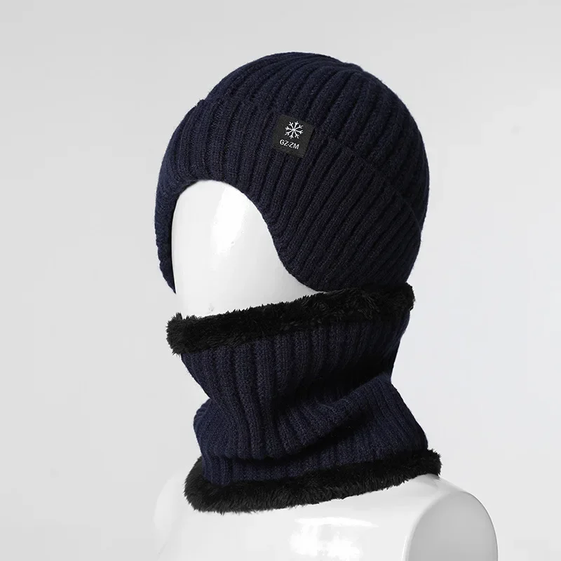Outdoor Men Winter Knitted Hat Plush Warmth Peaked Cap Earmuff Casual Fashion Faux Fur Lined Hooded Hats Cycling Ear Protection