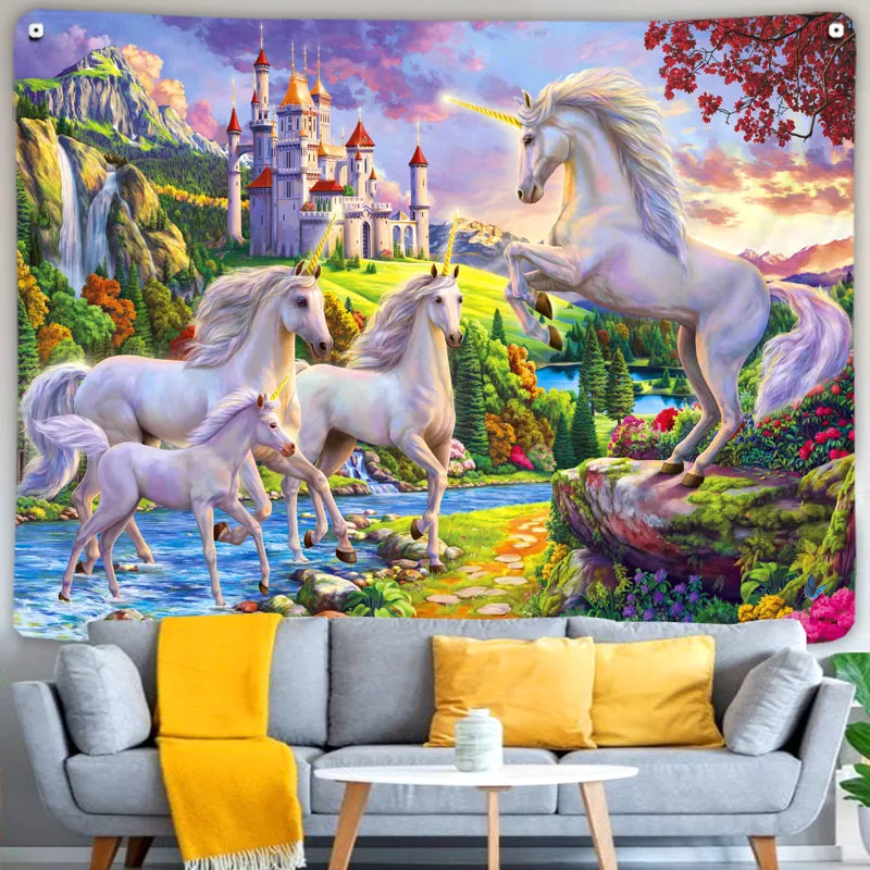 Unicorn Castle Tapestry Bedroom Hippie Bohemian Style Oil Painting Psychedelic Horse Cute Home Door Curtain Decor Wall Hanging