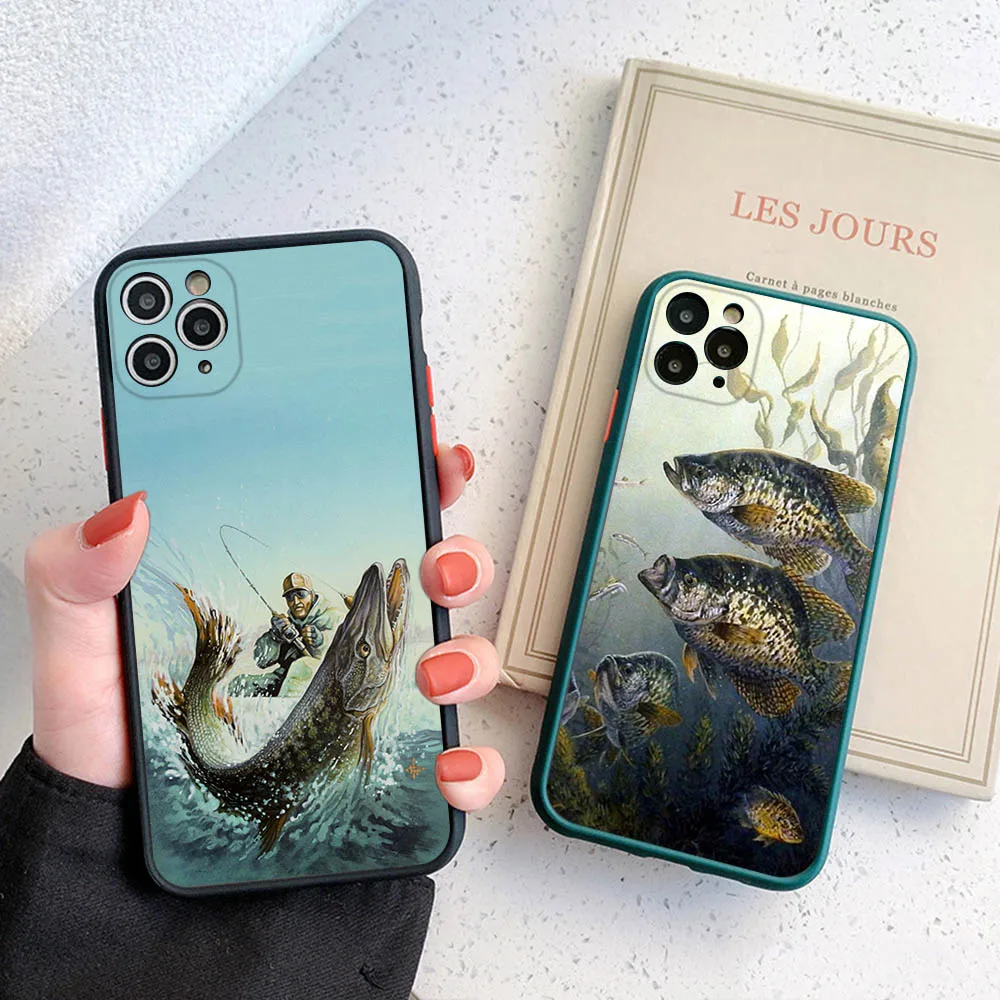 Translucent Phone Case For iPhone 16 15 14 7 8 Plus 13 12 11 Pro Max X XR XS SE Mini Luxury River Carp Fishing Matte Back Cover