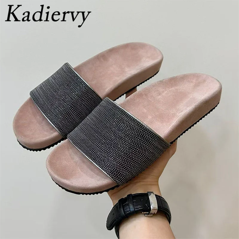 Summer Slippers Women String Bead Chain Suede Leather Mules Shoes Women Peep Toe Slides Casual Comfort Flat Slippers Woman