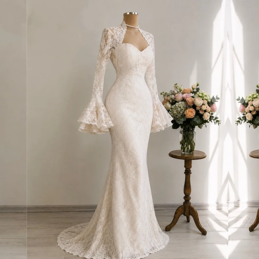 Maßgeschneidertes Hochwertiges Zweiteiliges Kleid Exquisites Meerjungfrau-Spitzenkleid mit Langen Ärmeln für Hochzeitsfeier Elegantes Formelles Bankettkleid