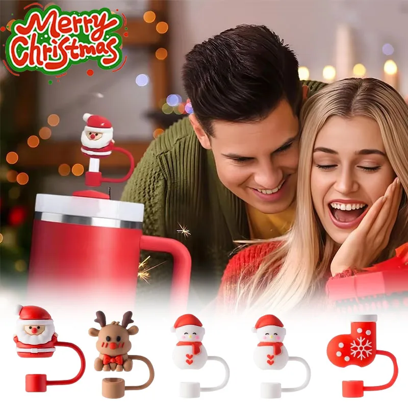 1-100pcs 10mm Christmas Silicone Straw Cover Cap for Tumbler with Handle Dustproof Reusable Topper Lid Portable Outdoor Supplies
