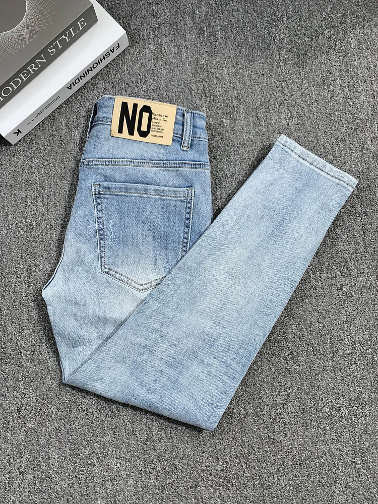 New Men's Light Wash Denim Jeans Softened Whited Simple Elastic Slim Fit Casual Versatile Trendy Brand mid Waist Nine Points