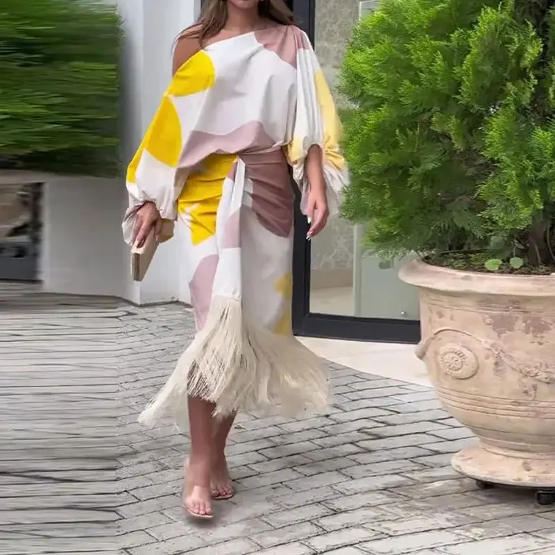

2025 Spring Summer New Women's Fashion Color Collocation Sexy Printed Lantern Sleeve Long Sleeve Diagonal Shoulder Suit