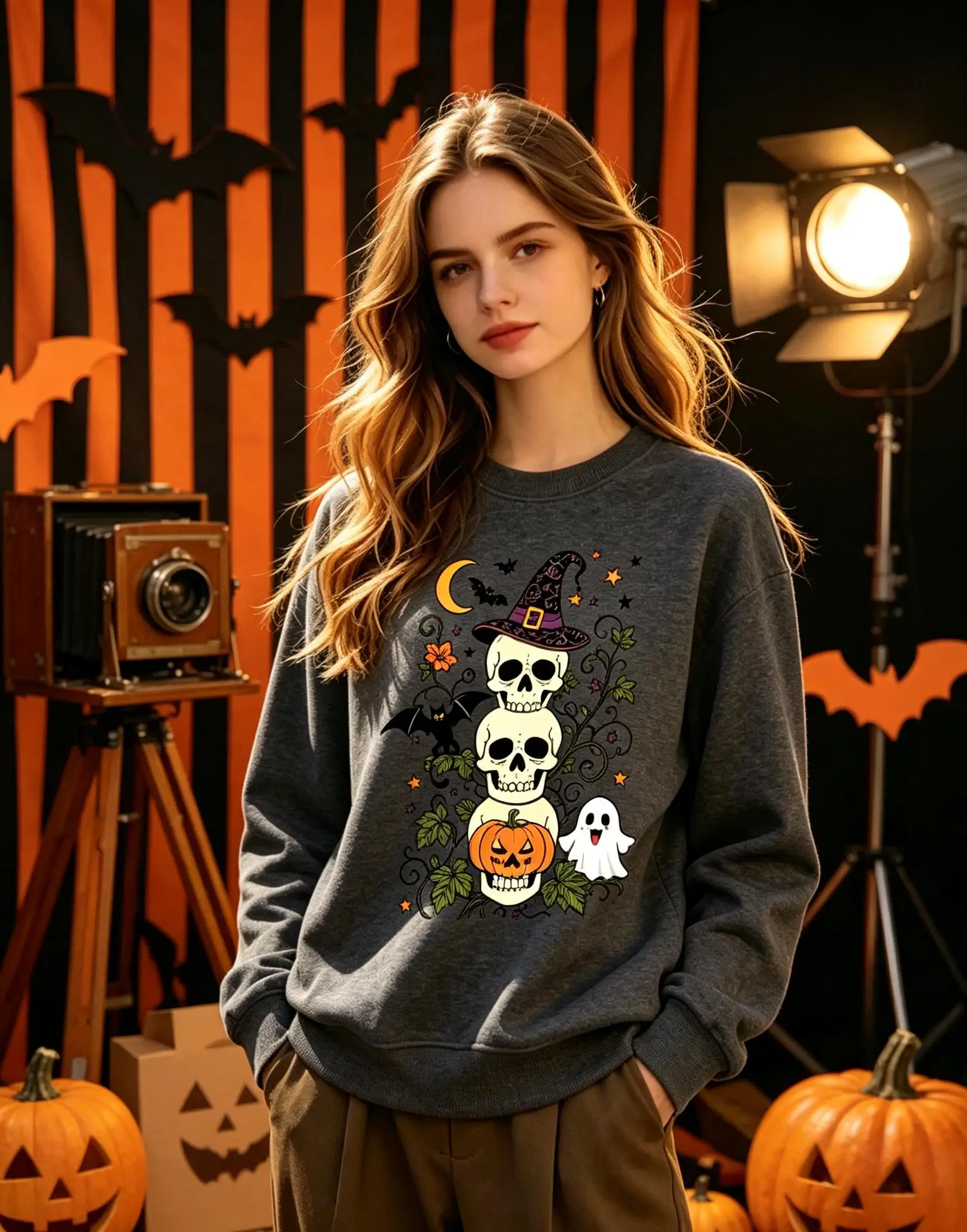 Stacked Skulls Halloween Print Women Sport Sweatshirt Sports Oversized Tops Breathable Fleece Clothes Y2K Casual Pullover
