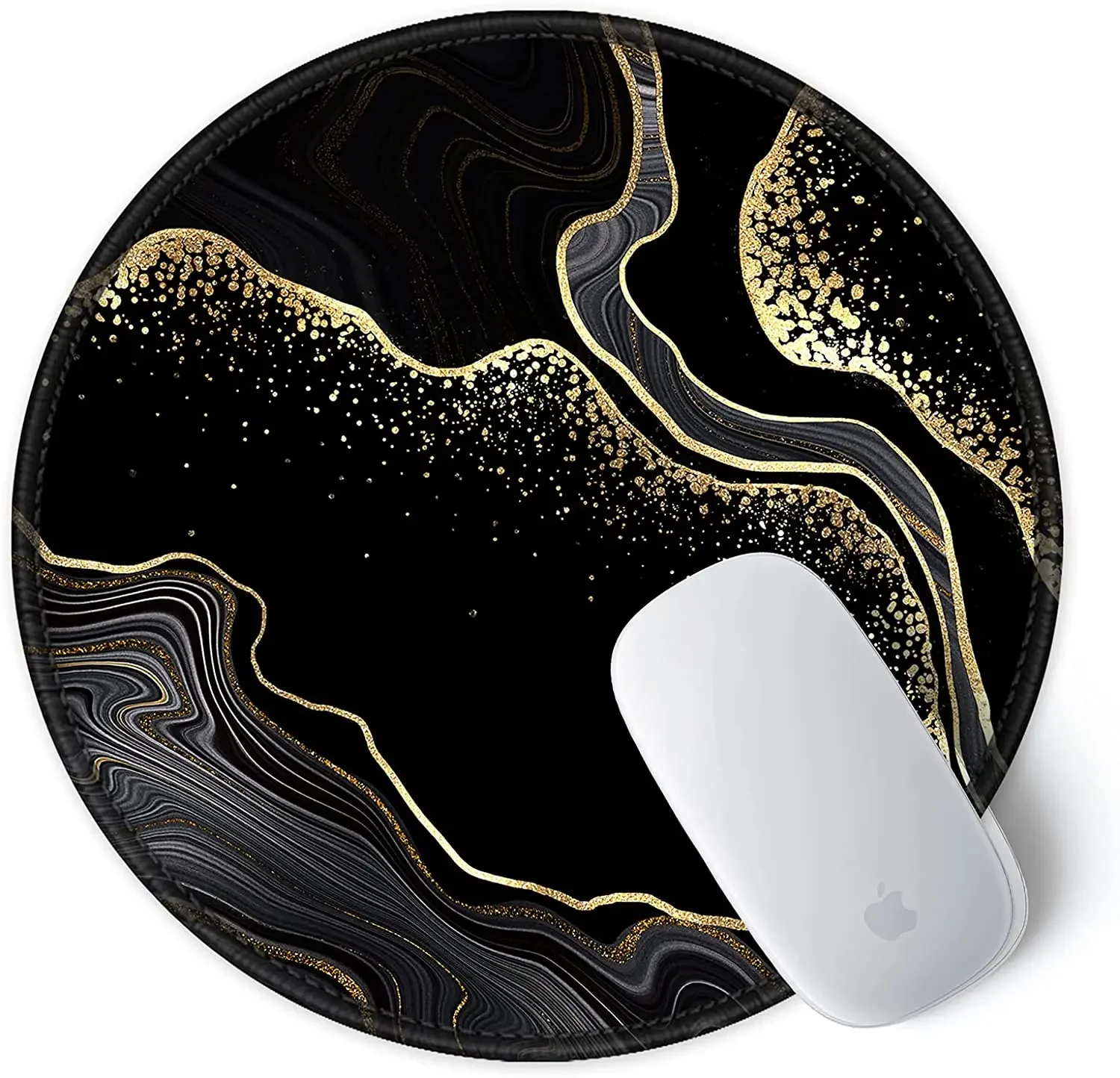 Mouse Pad Waterproof Non-Slip Rubber Base Round Mousepad 7.9×7.9×0.12 inches, Black Gold Marbling