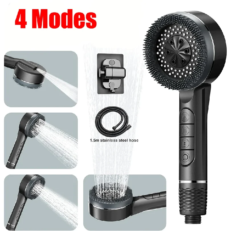 

4 Modes Self-cleaning Shower Head with Silicone Brush One-Key Stop Water Massage High Pressure ABS Showerhead with Filter