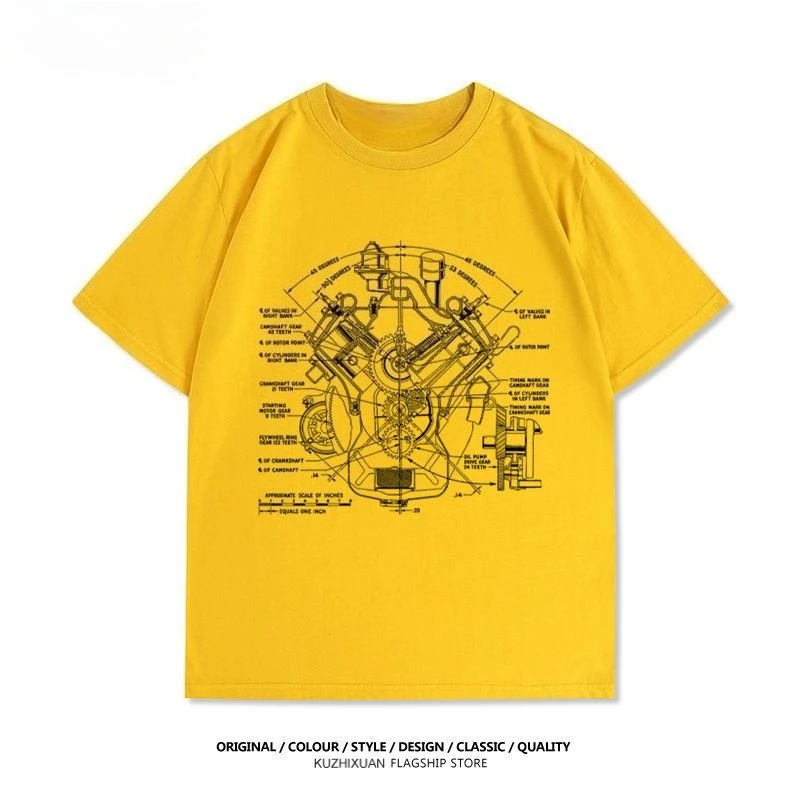 

V8 Дизайн двигателя с принтом и авторемонтом, хлопковая футболка с короткими рукавами, мужская и женская свободная повседневная одежда, высокое качество