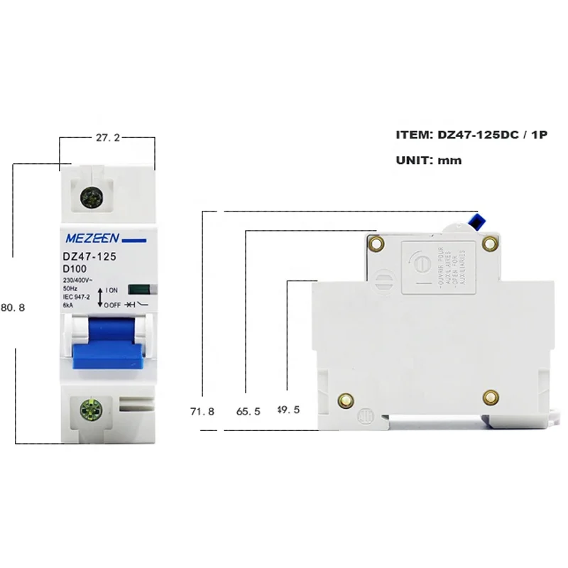 Dc DZ47-125 80a 100a 125a einpoliger mcb schalter hohe kupfer qualität 500v 1000v dc leistungs schalter solar