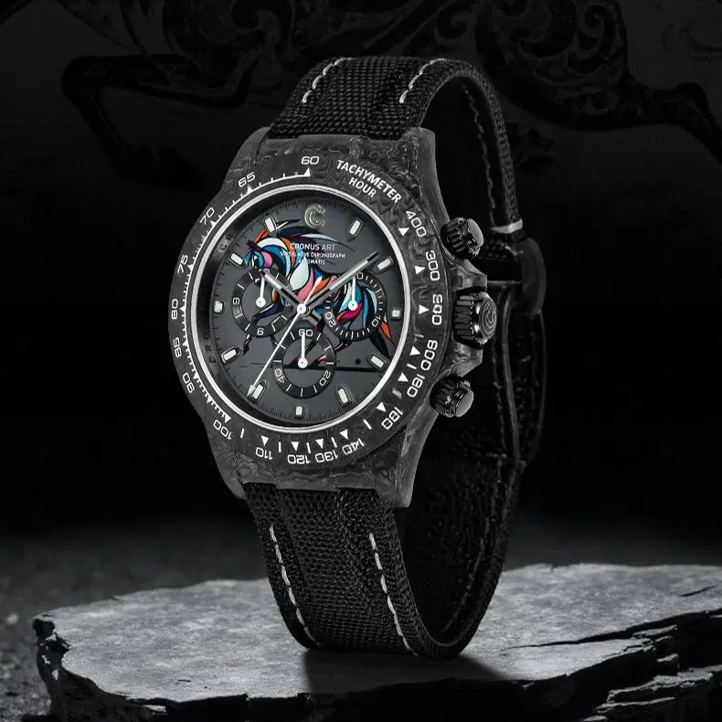 CRONUSART Men Chronograph Watch Carbon Fiber Automatic Mechanical Wristwatch Luminous Sapphire Triple Windows Horse Year Dial