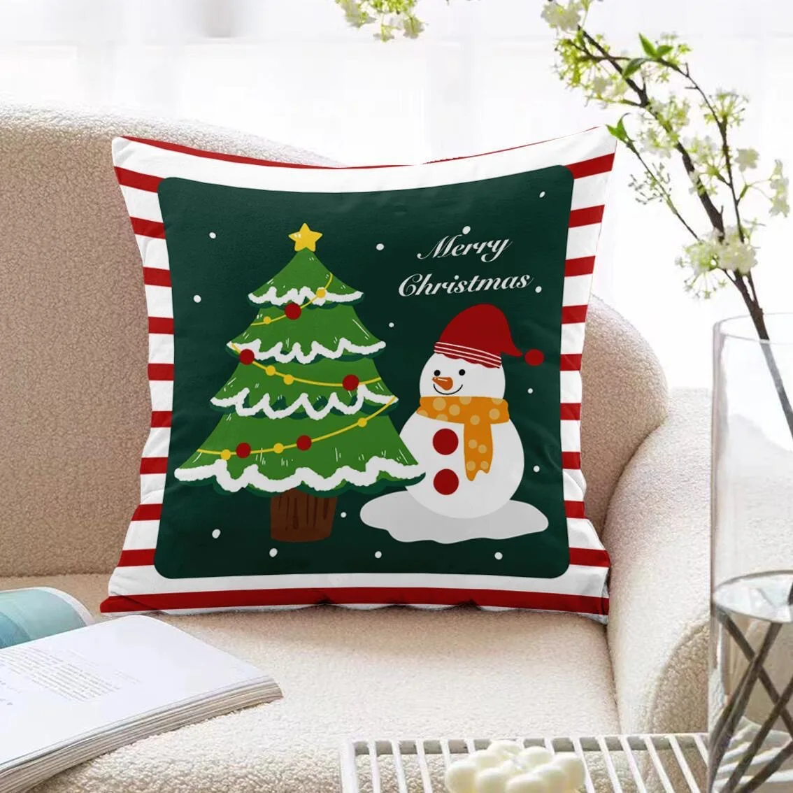 Funda de almohada quadrada de poliéster con elementos decorativos navideños, funda de cojín decorativo para sofá, sala de estar