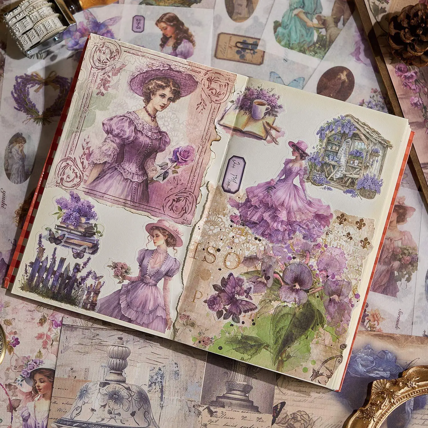 European Style Character Stickers Set 30 pcs+20 Material Papers, Large Size Sticker for Journaling Handmade Decorative Stickers