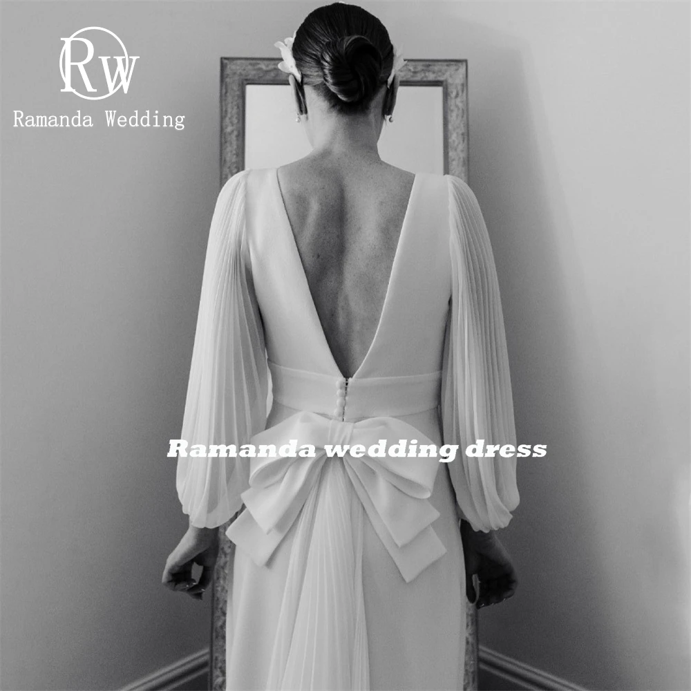Ramanda Customized Simple Puff Sleeves Deep V-Neck Mermaid Wedding Dress Women Backless Floor-Length Sweep Train Ruffles 2025