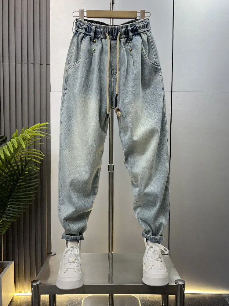 

Retro Waed Denim Jeans Men's Loose Dad Sle Harlan Casual Old Faioned Jeans mid Waist Dstring Closure Four Seasons