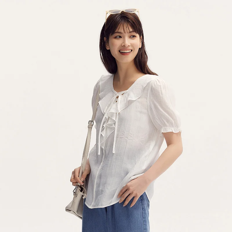 Semir White Short-Sleeved Blouse Women Gentle Vacation-Style With Bubble Sleeves 2024 Summer New Ruffled Hem Tie Detail