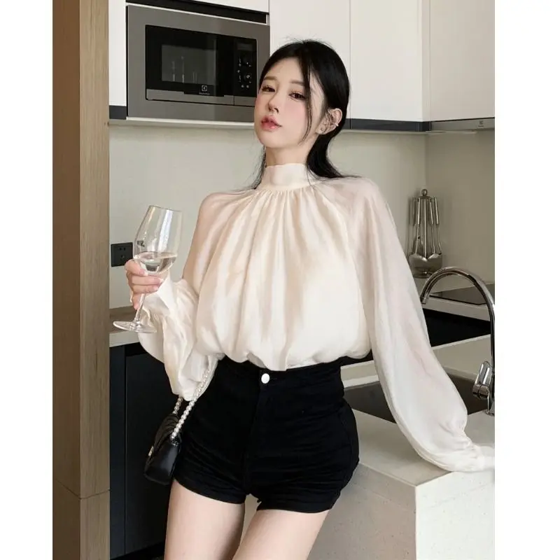 2024 Spring Autumn New Elegant Temperament Bow Lacing Blouse Female Fashion Solid Color Pleated Lantern Sleeve Pullover Shirts