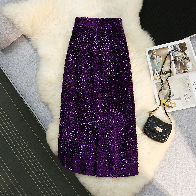 Autumn/Winter Sequin Velvet Skirt Women Fashion Elastic High Waist Slim Bodycon Party Long Skirt Black Purple