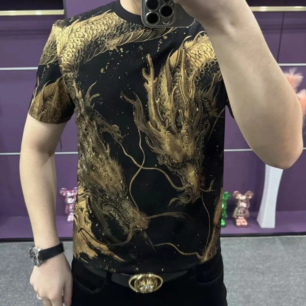 Rhinestone Luxury T Shirt Man Short Sleeve Design Dragon Print Summer Quality Silky Cotton Easy Care Elastic Camisetas De Hombre
