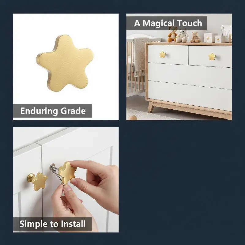 Star Shaped Furniture Knobs Pure Copper Corrosion Resistant Cabinet Pulls for Kids Room Drawer Dresser Wardrobe Decor