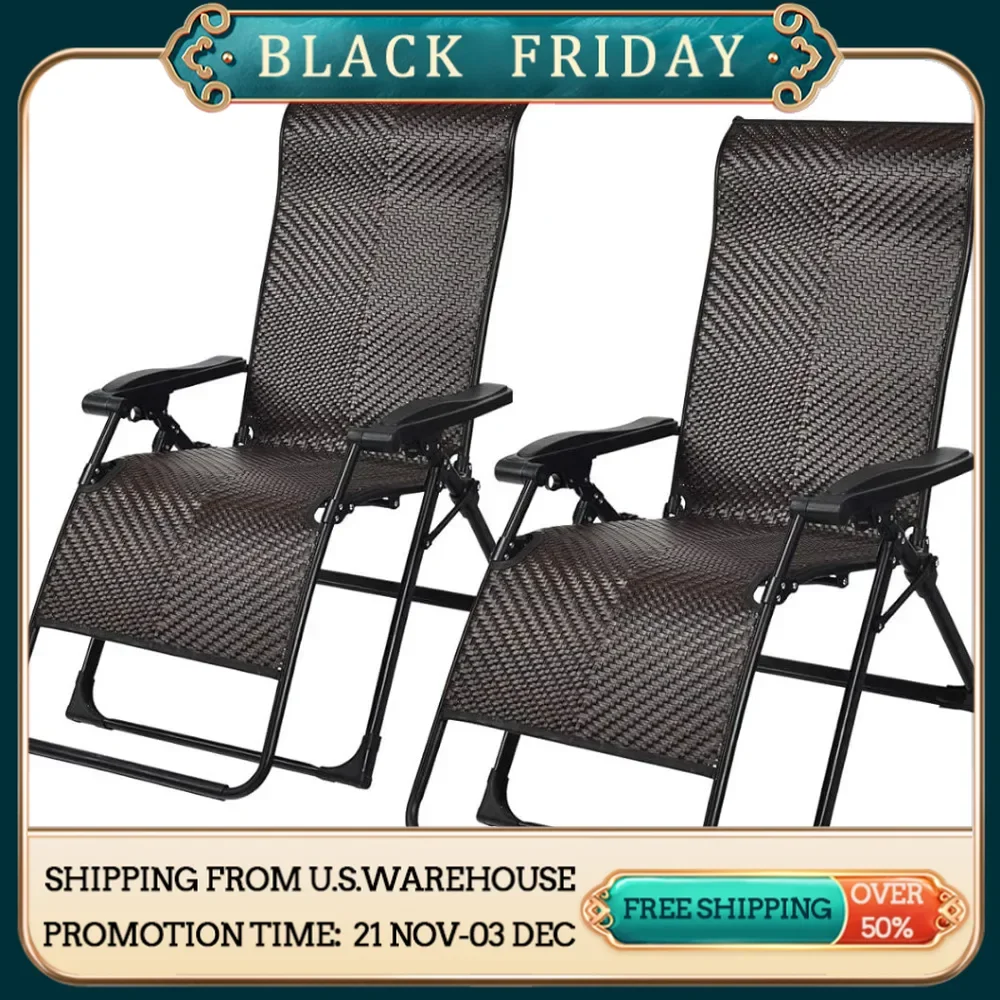 2 PCS Rattan Zero Gravity Chair Outdoor Adjustable Folding Lounge Chair with Widened Armrest Duty Wicker Chaise Folding Recliner