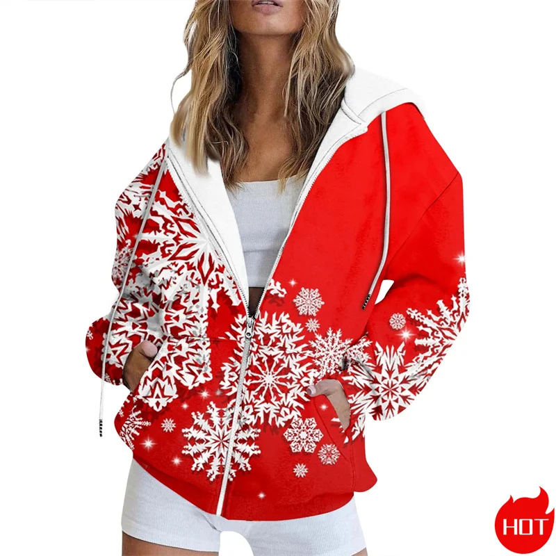 Vintage 3D Happy Christmas Printed Zip Up Hoodies Xmas Snowflakes Graphic Zipper Sweatshirts Fashion Women Clothing Zip Pullover