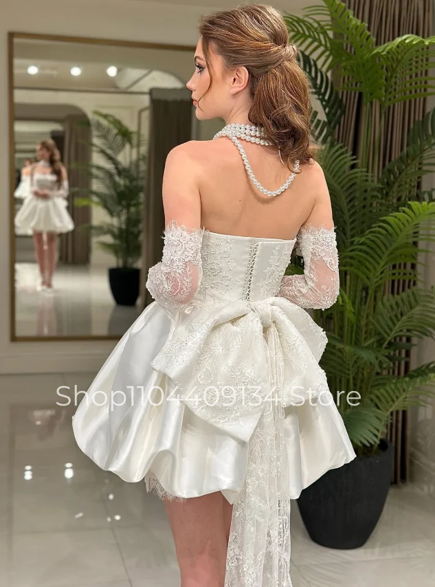 White Satin Mini Bridal Dresses Strapless Lace Embroidered 원피스 Summer платье Back Bow Beach Women's Wedding Gowns Customized