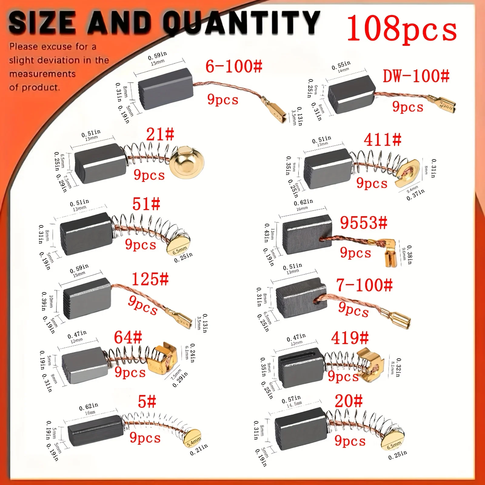 108 فرشاة كربون، مجموعة قطع غيار مجموعة فرش كربون للأدوات الكهربائية، متوفرة في 12 مقاسًا مختلفًا، هي الخيار المثالي للحفاظ على واستبدال الأدوات الكهربائية #2