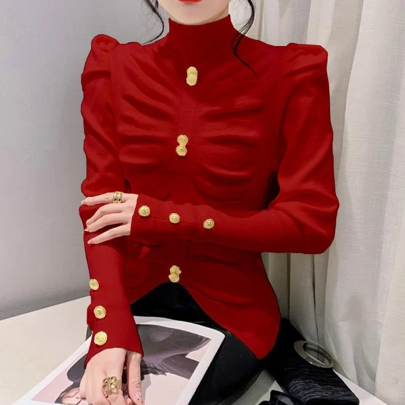 

Women's Knit Sweater Solid Y2k Vintage Top Warm Harajuku Offers Elegant Cheap Basic Clothes Long Puffed Sleeve Ladies Pullovers