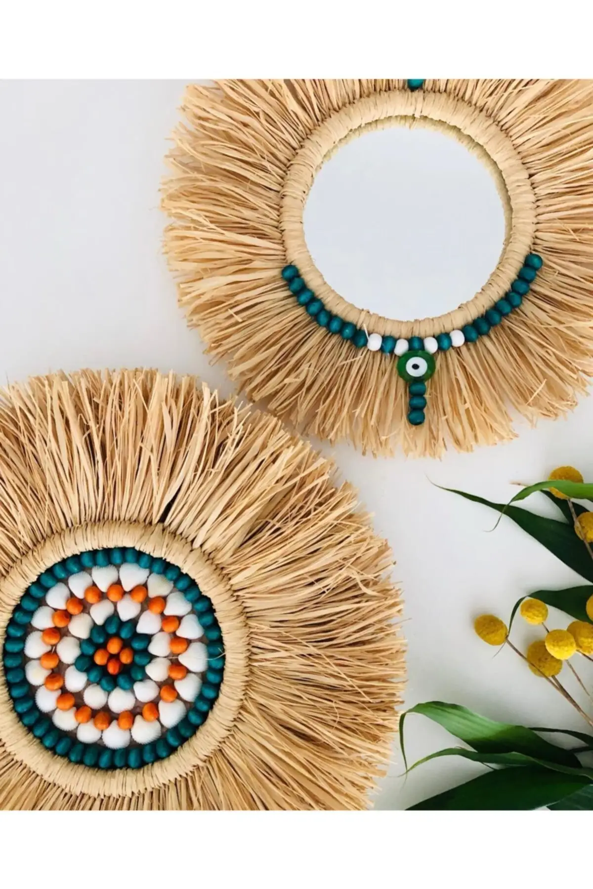 Handmade Bohemian Authentic Beads Raffia Mirror Set/Wall Decoration/Fringed Mirror/Bohemian Mirror/Design Mirror/