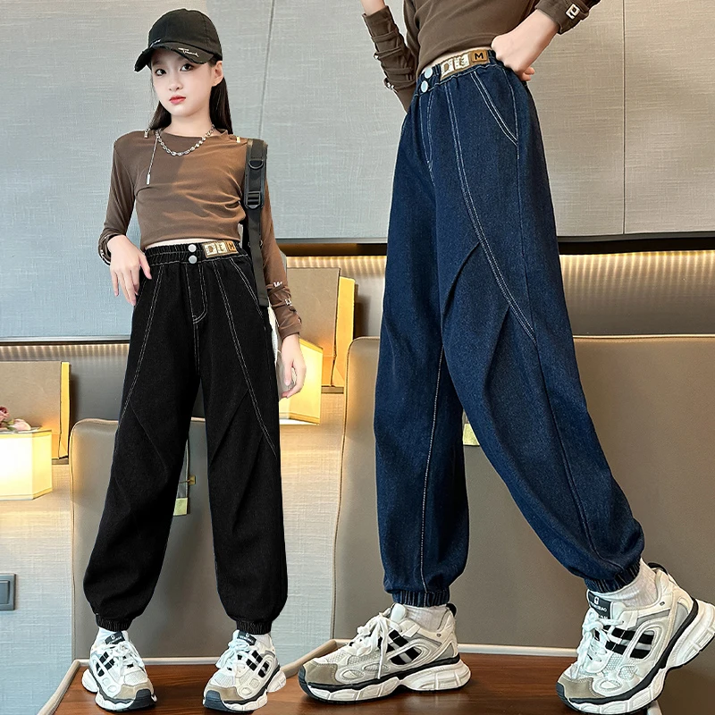 

Girls' Spring Autumn Denim Pants 2024 New Sle Middle School Students Trousers Cuffed Long Jeans Faionable Casual Wear