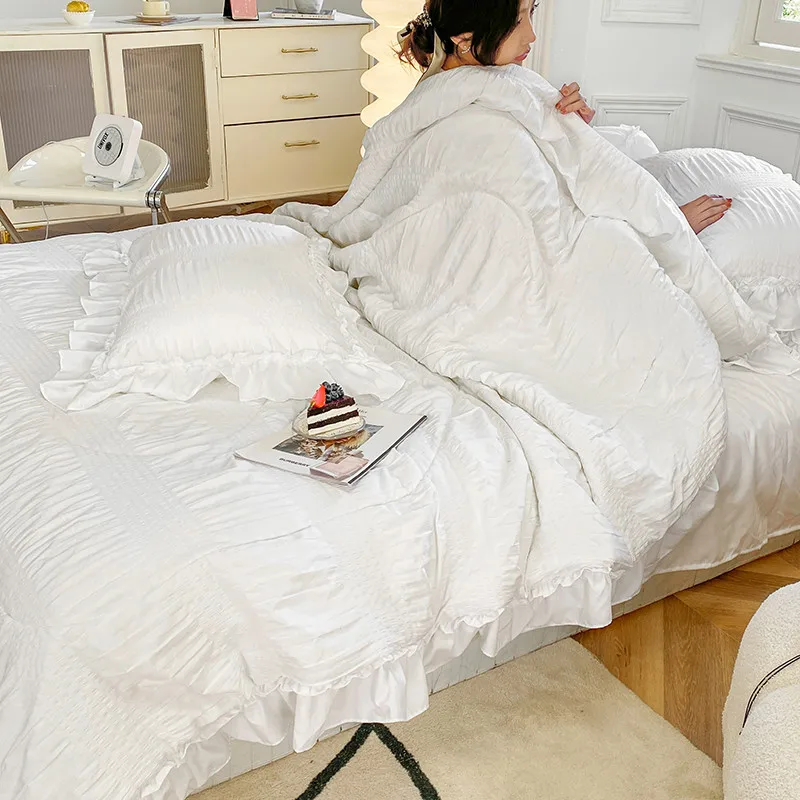 White Cute Seersucker Fabric Summer Air Conditioner Quilt Blankets Bedspread Comforter Bed Cover Sheet Pillowcase 1-4pcs #/