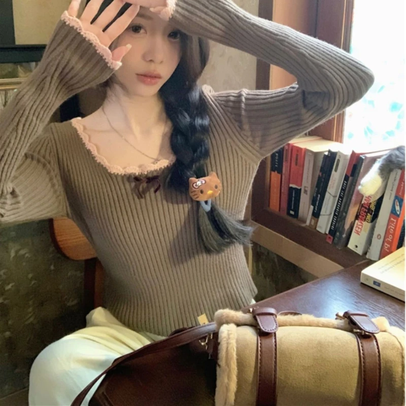 Deeptown Elegant Sweet Sweaters Women Lace Bow Kawaii Knitted Pullovers Korean Style Long Sleeve Cute Fashion Aesthetics Jumpers