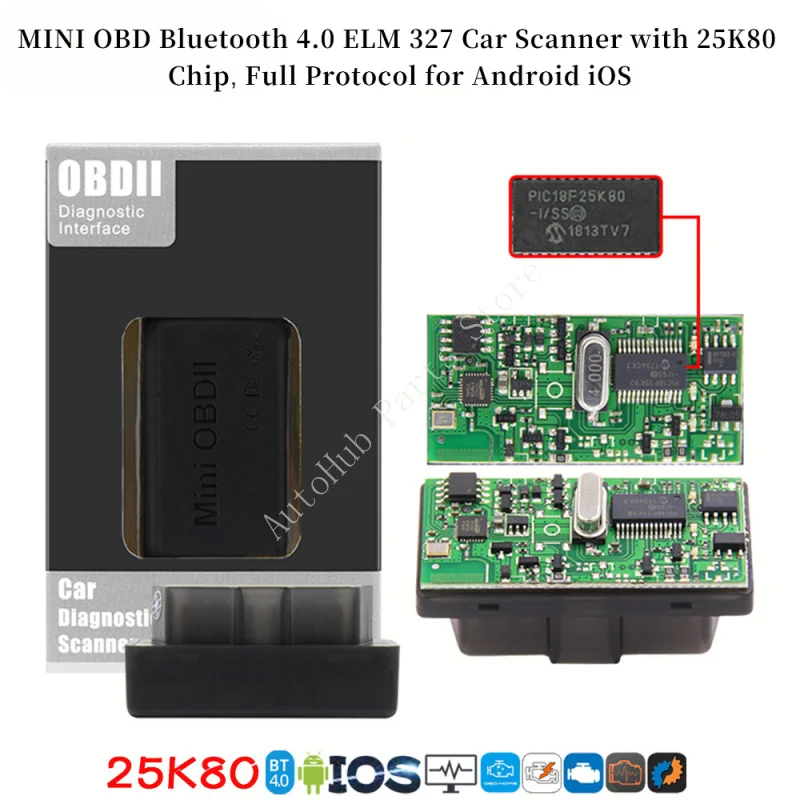 

Автомобильный сканер MINI OBD Bluetooth 4.0 ELM 327 с чипом 25K80, полным протоколом для Android iOS
