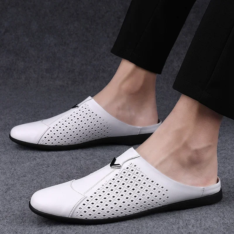 Fashion Mens Half Loafers Genuine Leather Baotou Leather Sandals Hollow Out Breathable Mules Man Outdoor Lightweight Half Shoes