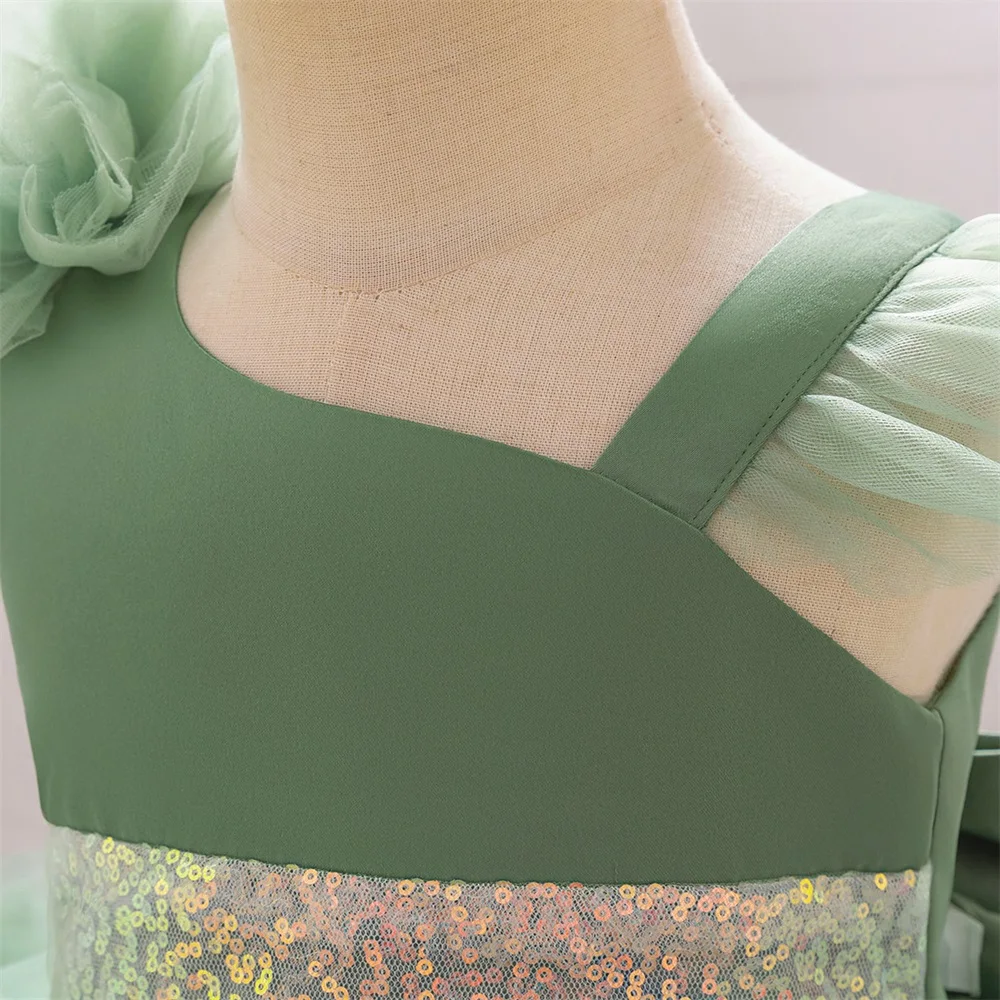 Baby Girls Green Lace Trailing Party Dress Infant Fluffy Birthday Tutu Dresses Kids Formal Evening Princess Gown Girl Costumes