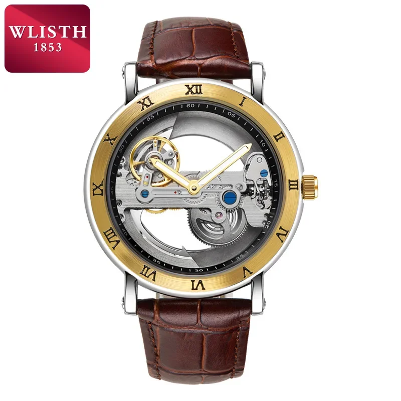 WLISTH Novo relógio mecânico masculino - esqueleto legal luminoso 30M à prova d'água relógio de pulso com pulseira de couro criativa