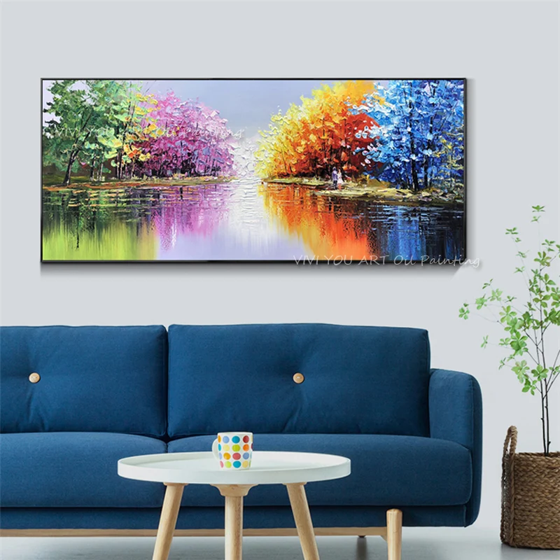 

Wholesale Hand Painted Modern Knife Autumn Landscape Oil Painting on Canvas Big Tree Pictures for Living Room Decor Wall Art