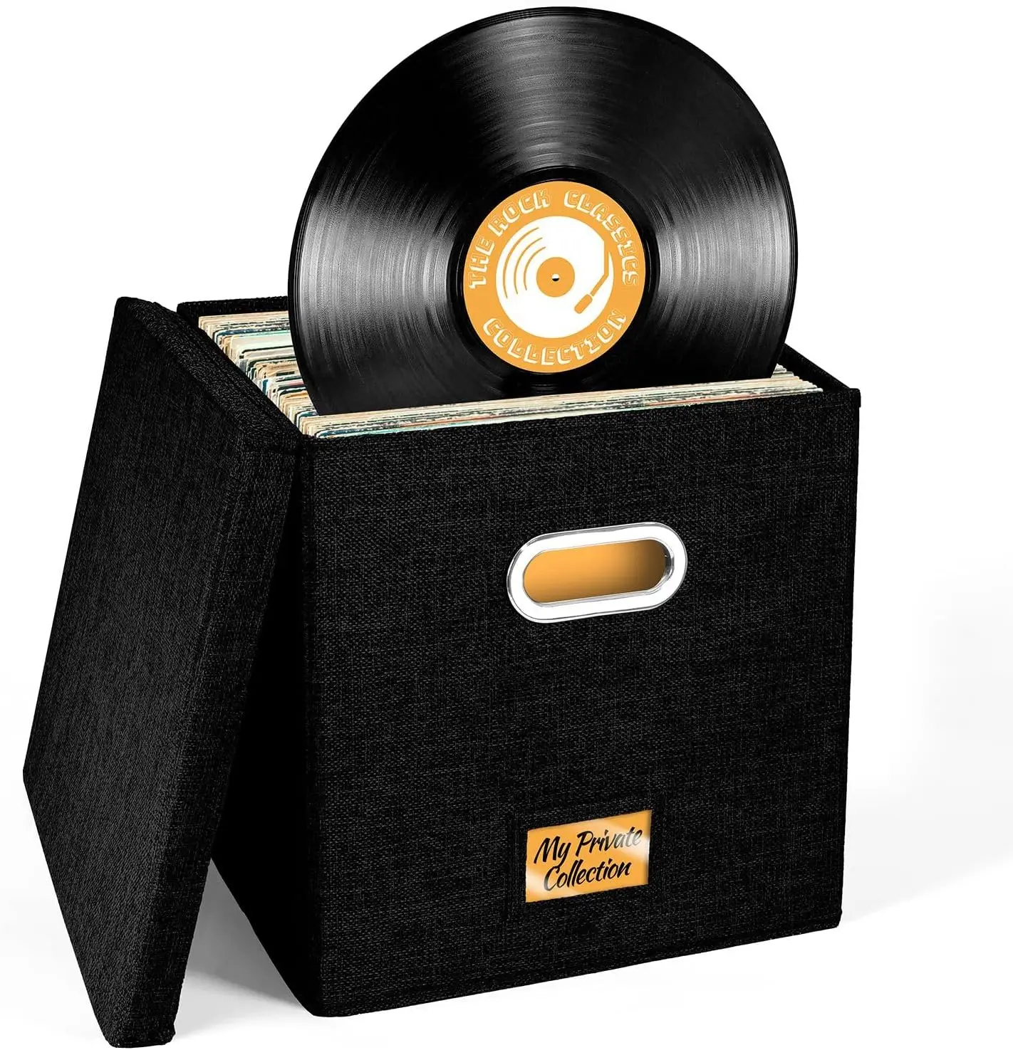

Vinyl Record Storage Box for 50+ 12-Inch Albums, Fabric with Lid, Stackable, Black