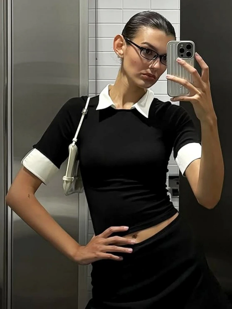 Turndown Collar Tshirt Half Sleeve T Shirts For Women Summer Outfits Slim Fit Crop Top Y2k Clothes Black Camisetas Ropa Mujer