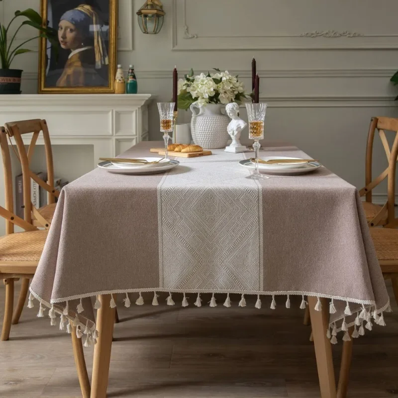 Cotton Geometric Jacquard Fabric Tablecloth Linen Rectangular Home Decoration Table Cover With Tassel For Banquet Party Nappe