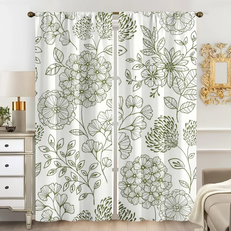 

2PCS Multicolor Green Line Art Floral Pattern Curtains Rod Pocket Design For Bedroom And Living Room