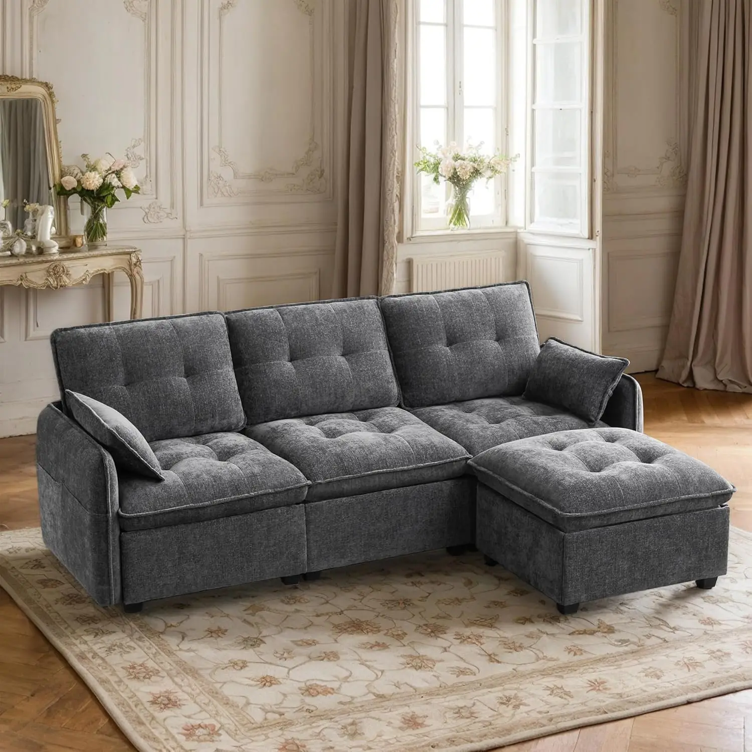 

Oversized Modular Sectional Sofa With Ottoman, 96.5'' 3 Seat Deep Seat Chenille Couch, Convertible L Shaped Sofa With Pillows,