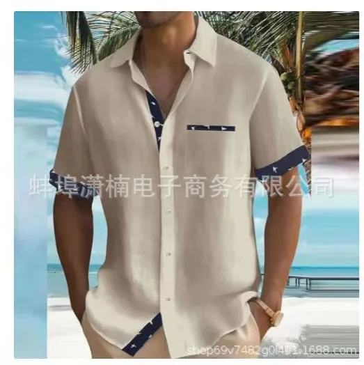 Streetwear Shirt Digital Print Slim Fit Shirts Olive Green Casual Shirt Spread Collar Short Sleeve Shirt Contrast Trim White